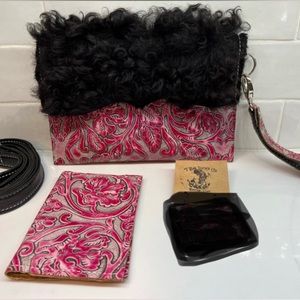 T bar leather hair on hide small crossbody bag with wristlet and passport cover.